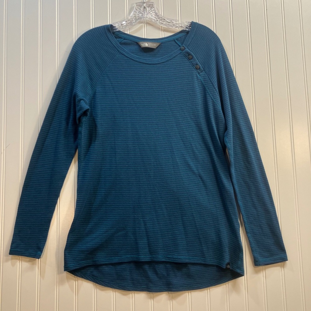 The North Face Womens Blue Teal Waffle Knit Button Shoulder Raglan Top‎ Large